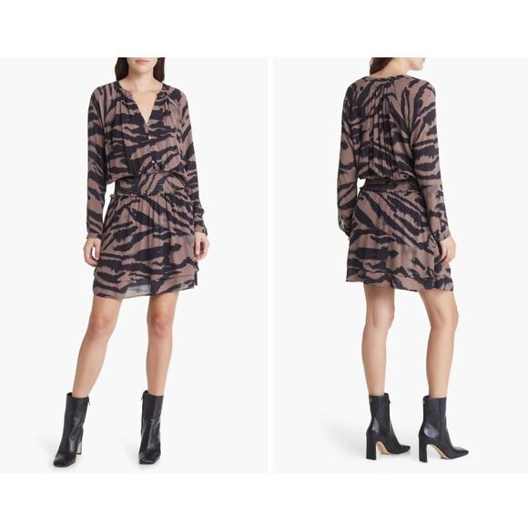 Rails Dress Womens Size XS Jasmine Tiger Stripe Smocked Waist Long Sleeve Tan - Picture 1 of 16